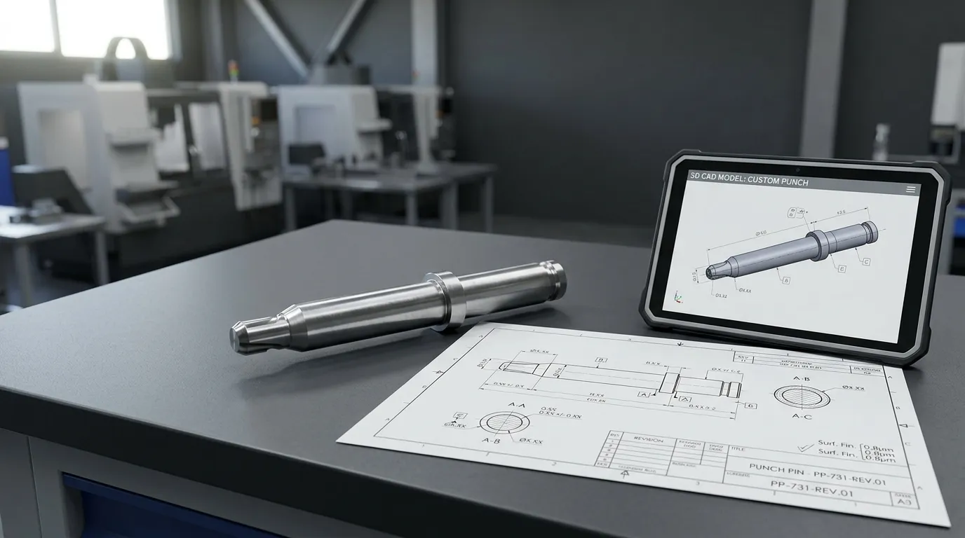 Pin punch khusus di samping gambar teknis dan model CAD yang cocok.